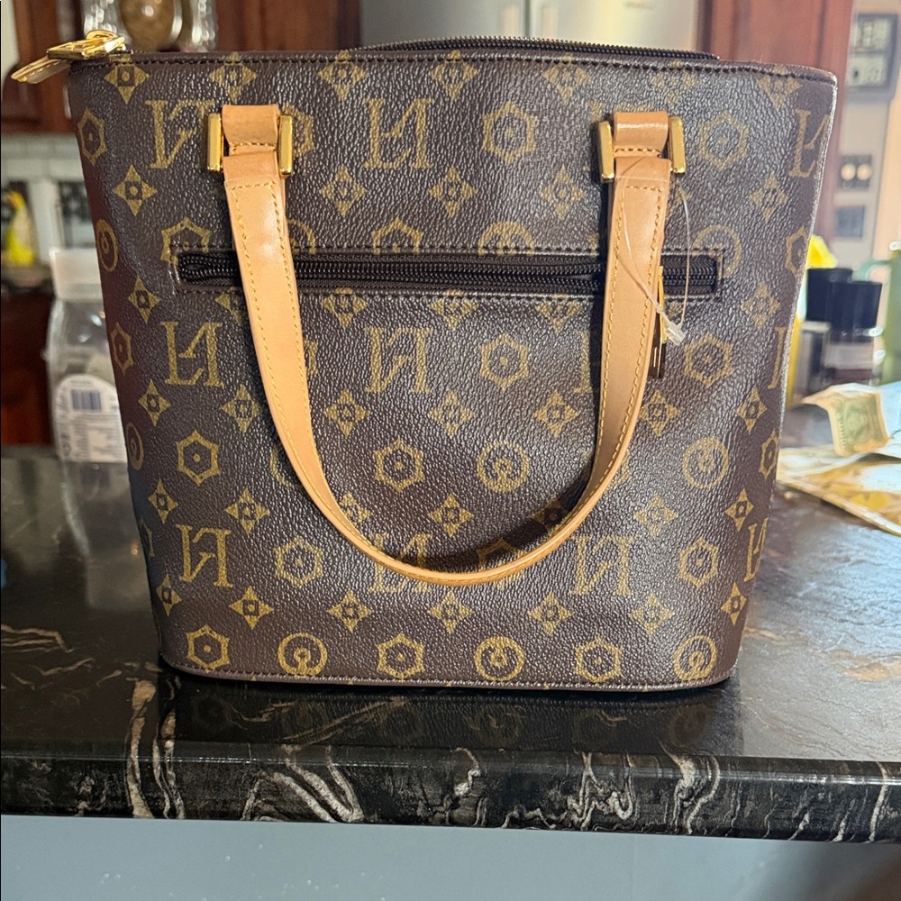 Valentino Lorenzo Brown Monogram Tote Bag with Tan Handles - Picture 2 of 4